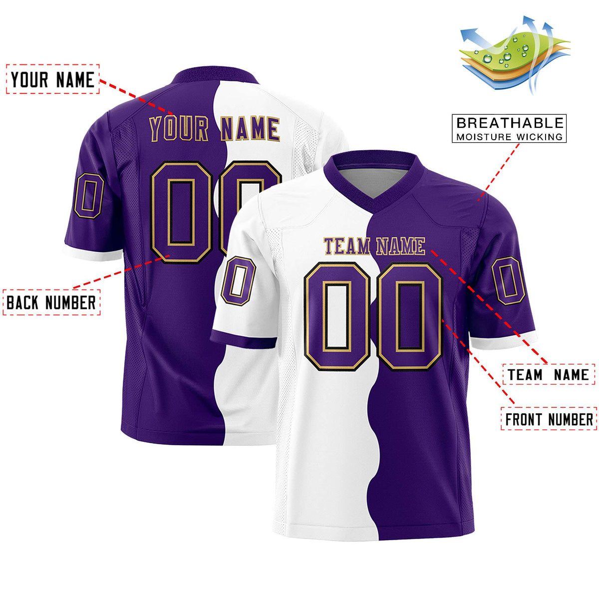 Custom Purple White Split Fashion Mesh Authentic American Football Jersey