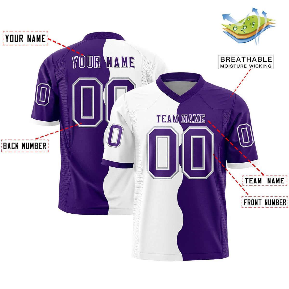 Custom Purple White Split Fashion Mesh Authentic American Football Jersey