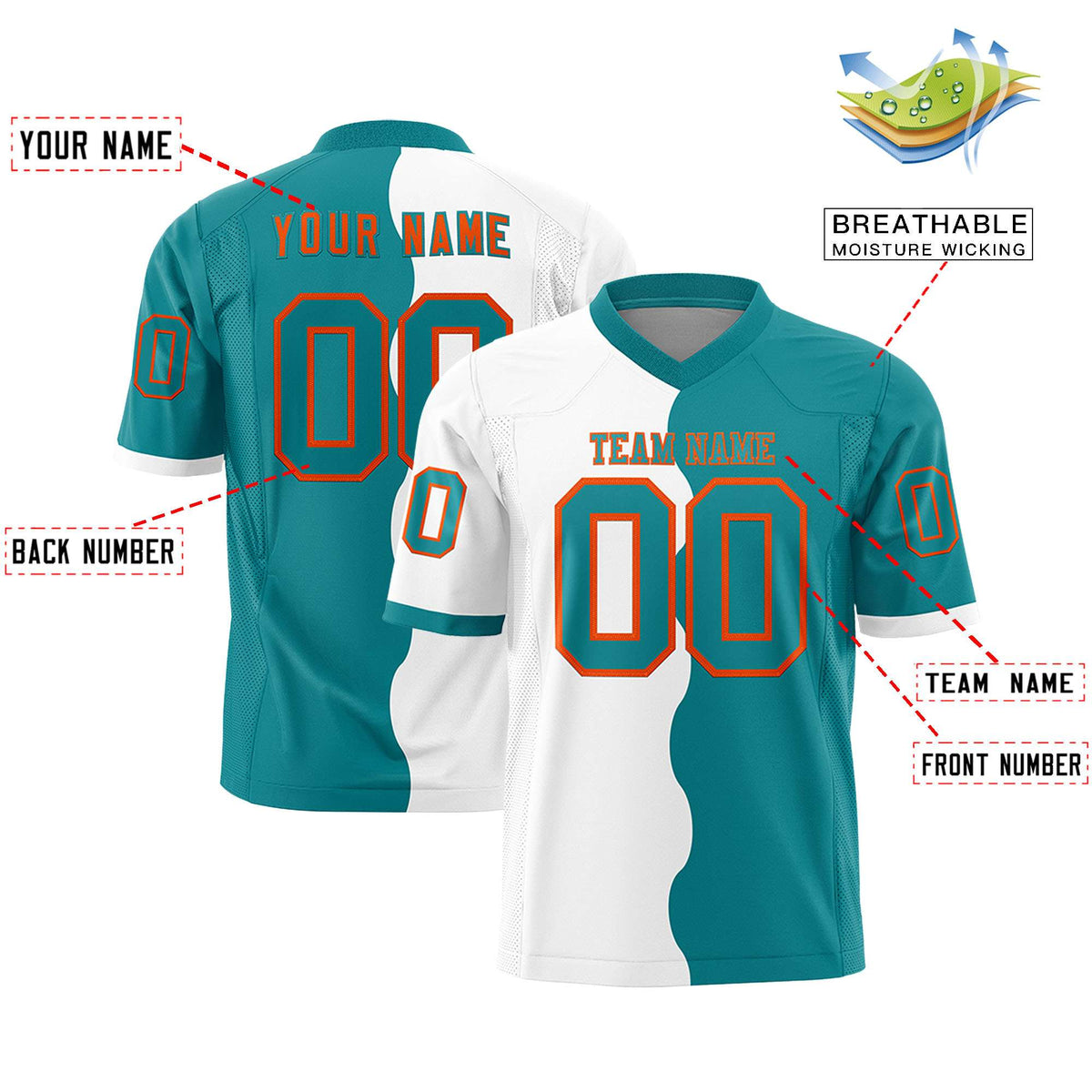 Custom Aqua White Split Fashion Mesh Authentic American Football Jersey