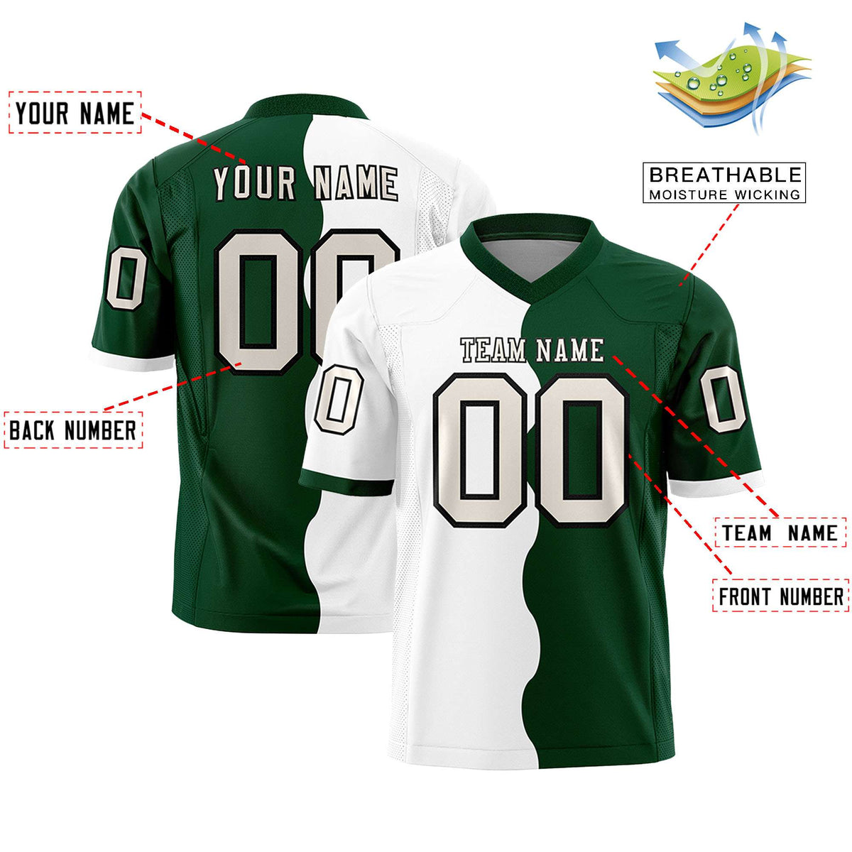 Custom Green White Split Fashion Mesh Authentic American Football Jersey