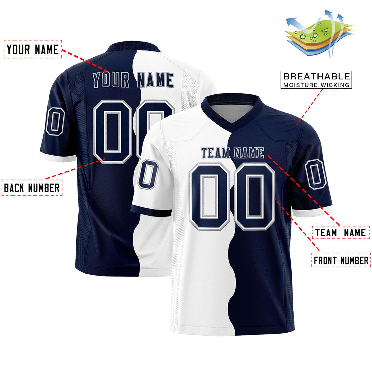 Custom Navy White Split Fashion Mesh Authentic American Football Jersey