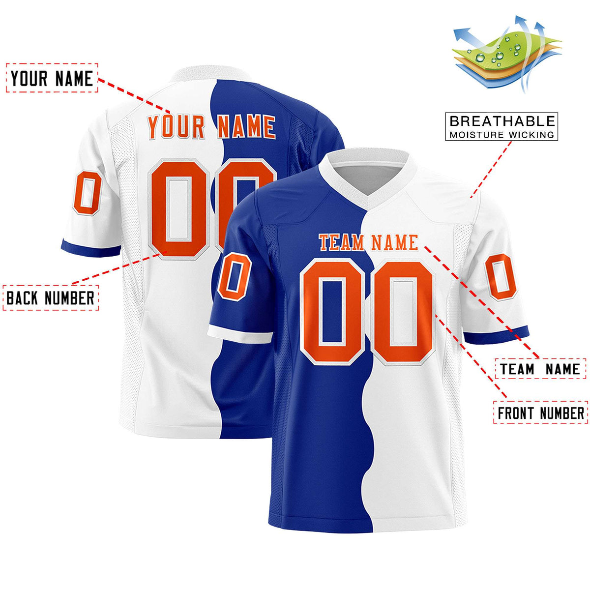 Custom White Royal Split Fashion Mesh Authentic American Football Jersey