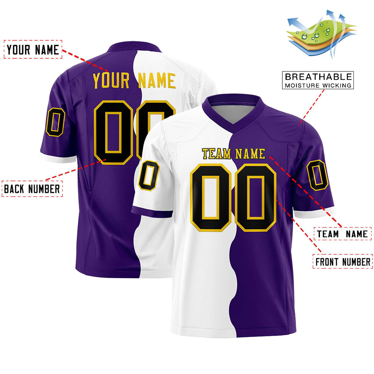 Custom Purple White Split Fashion Mesh Authentic American Football Jersey