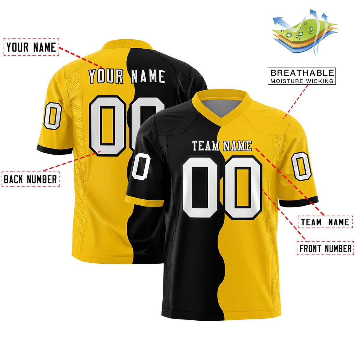 Custom Gold Black Split Fashion Mesh Authentic American Football Jersey
