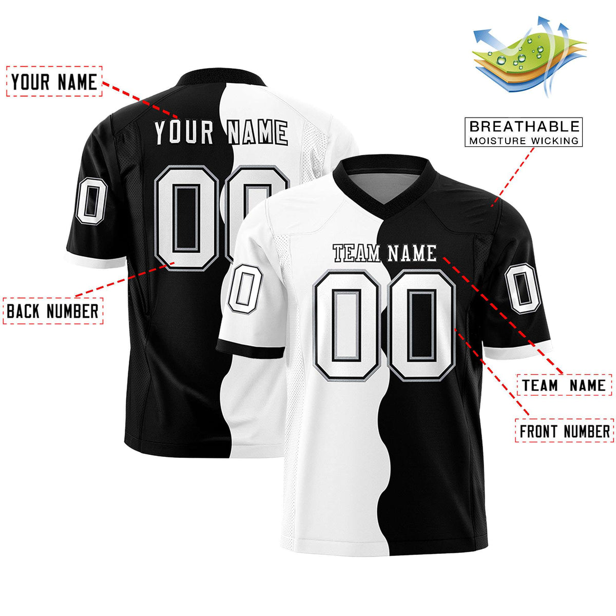 Custom Black White Split Fashion Mesh Authentic American Football Jersey