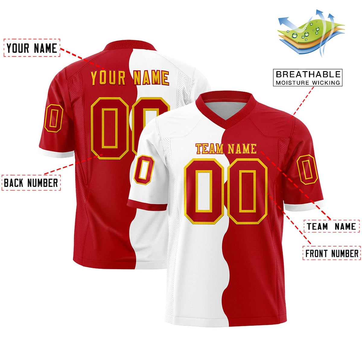 Custom Red White Split Fashion Mesh Authentic American Football Jersey