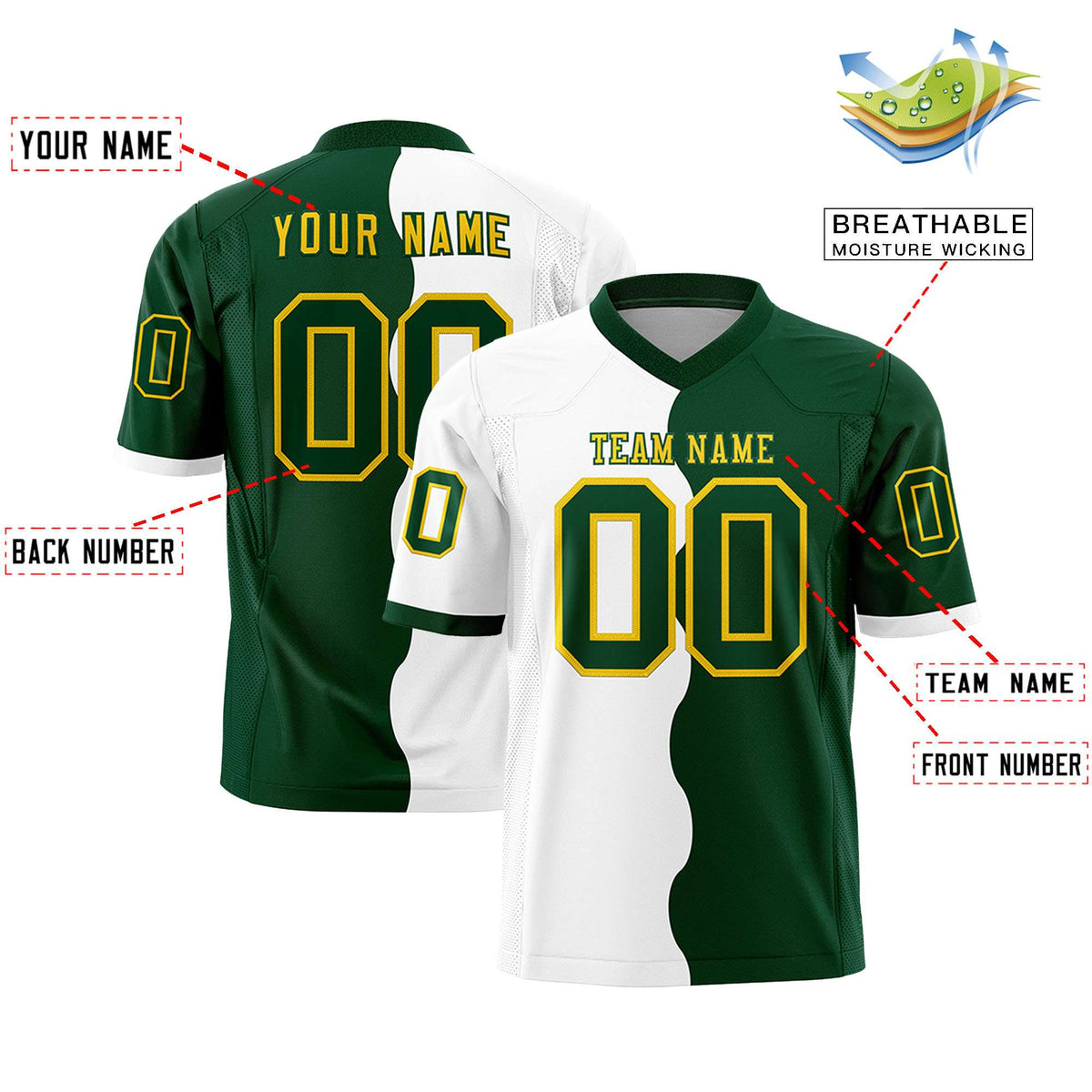 Custom Green White Split Fashion Mesh Authentic American Football Jersey