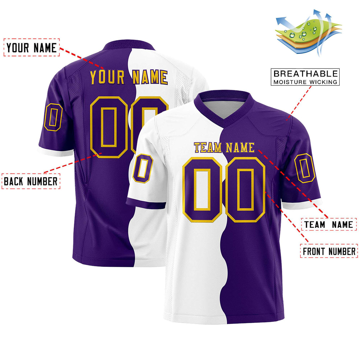 Custom Purple White Split Fashion Mesh Authentic American Football Jersey