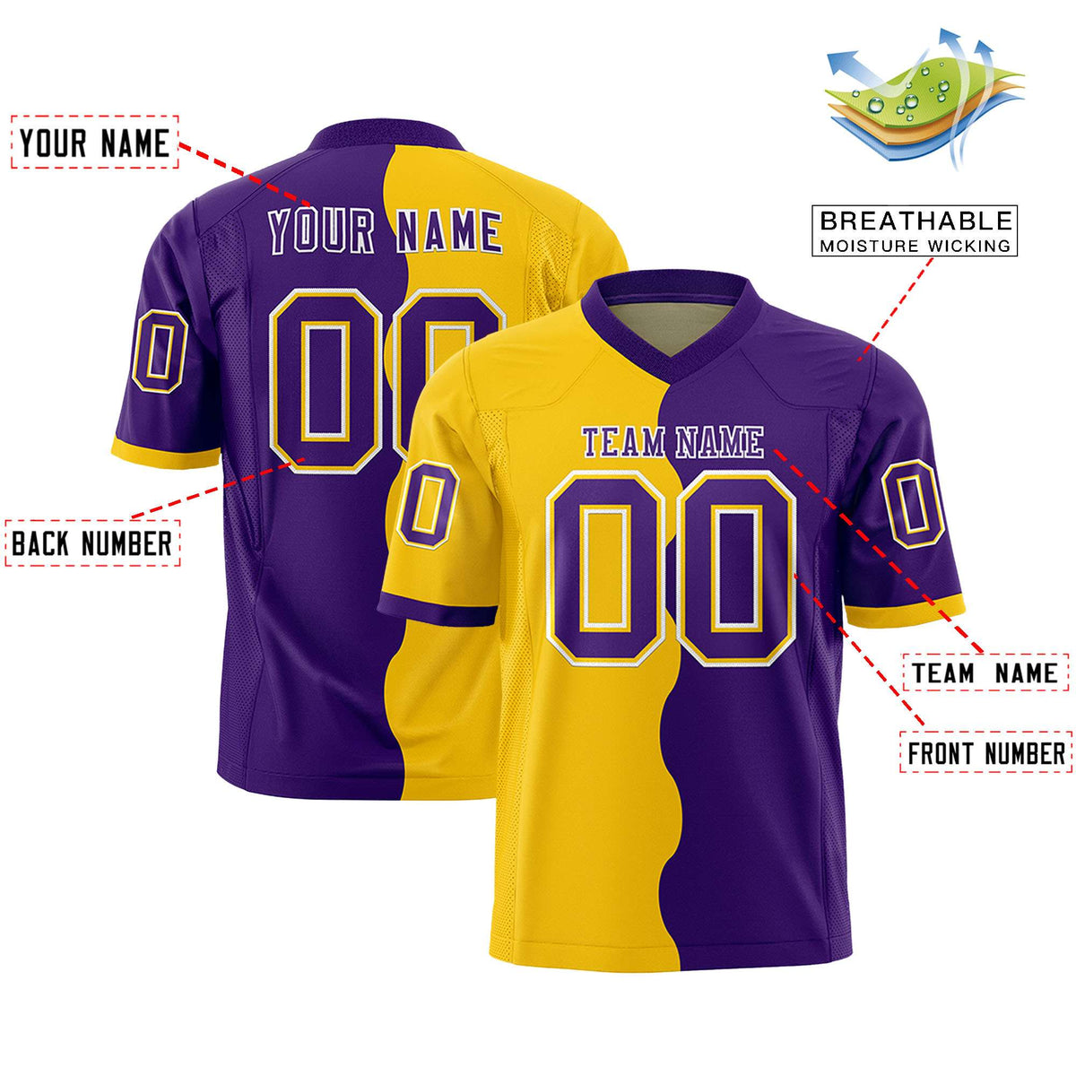 Custom Purple Gold Split Fashion Mesh Authentic American Football Jersey