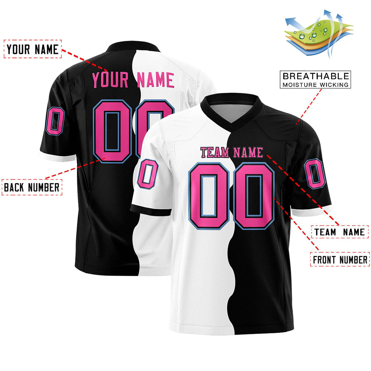 Custom Black White Split Fashion Mesh Authentic American Football Jersey