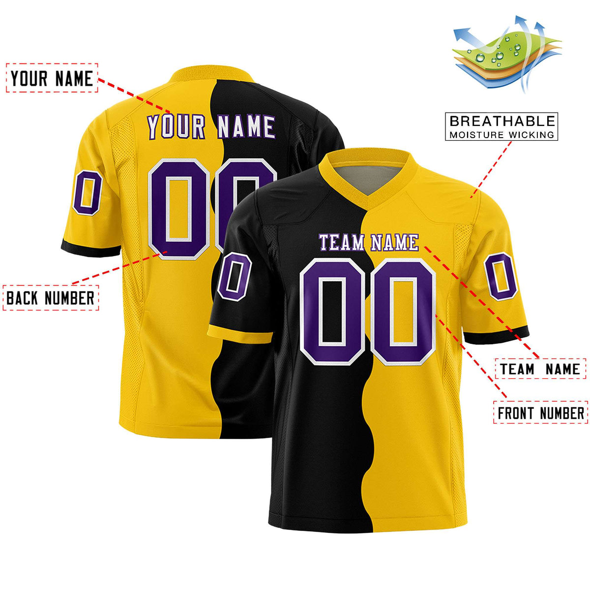 Custom Gold Black Split Fashion Mesh Authentic American Football Jersey