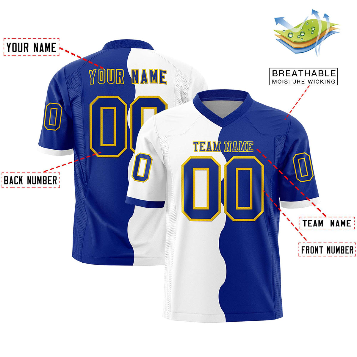Custom Royal White Split Fashion Mesh Authentic American Football Jersey