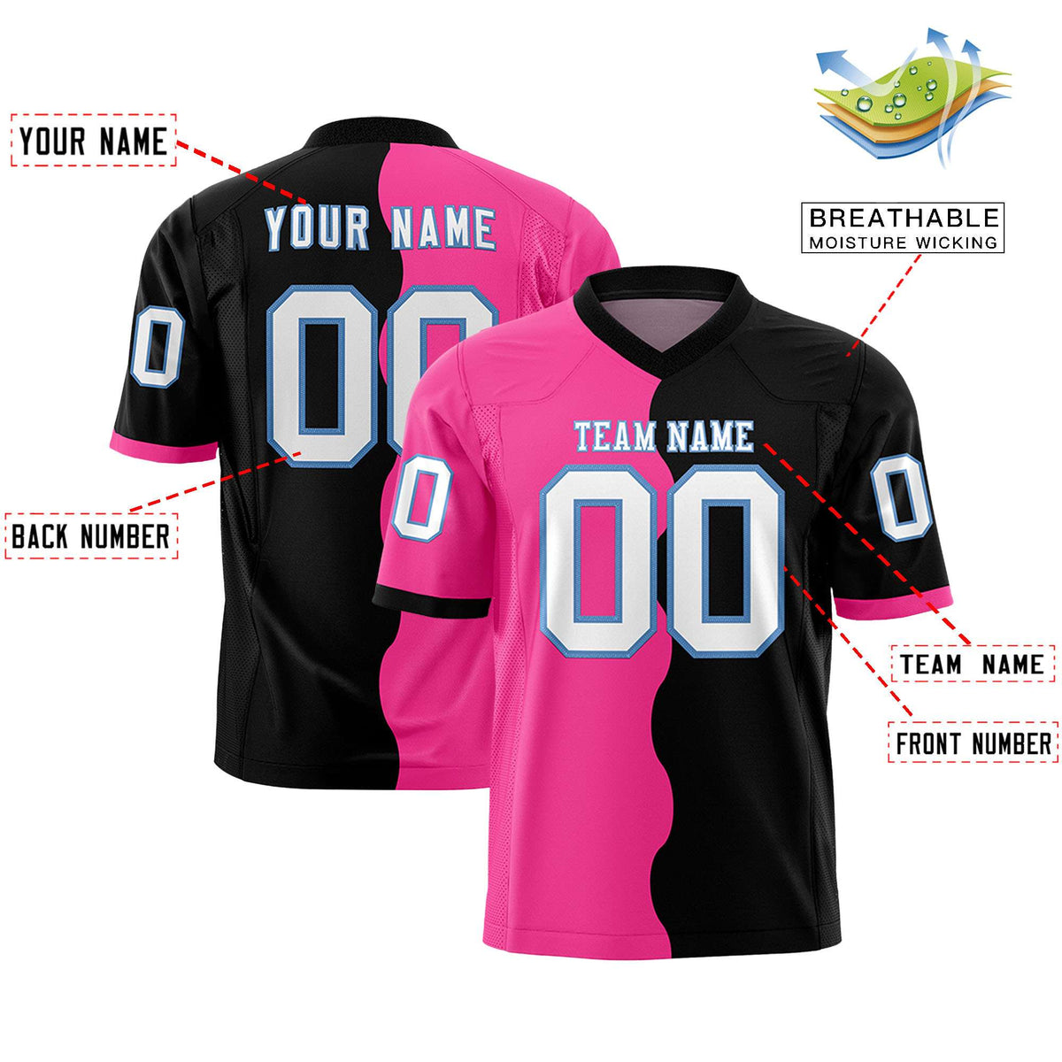 Custom Black Pink Split Fashion Mesh Authentic American Football Jersey
