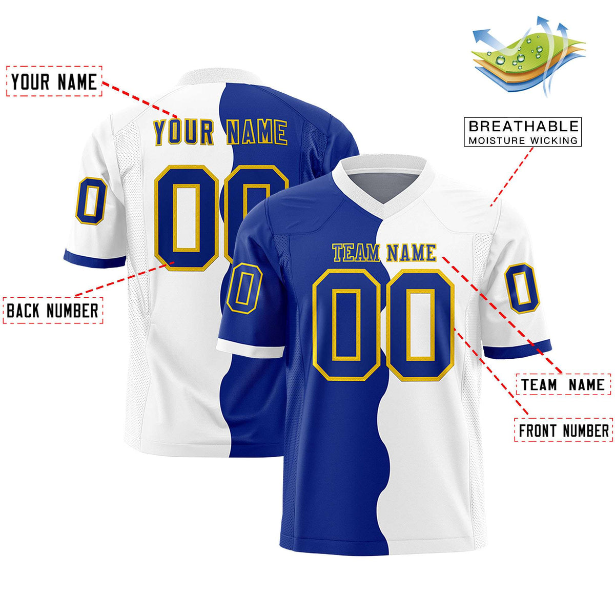 Custom White Royal Split Fashion Mesh Authentic American Football Jersey