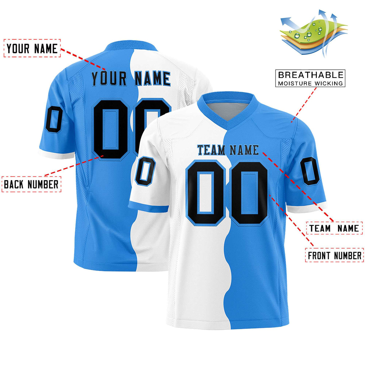 Custom Powder Blue White Split Fashion Mesh Authentic American Football Jersey