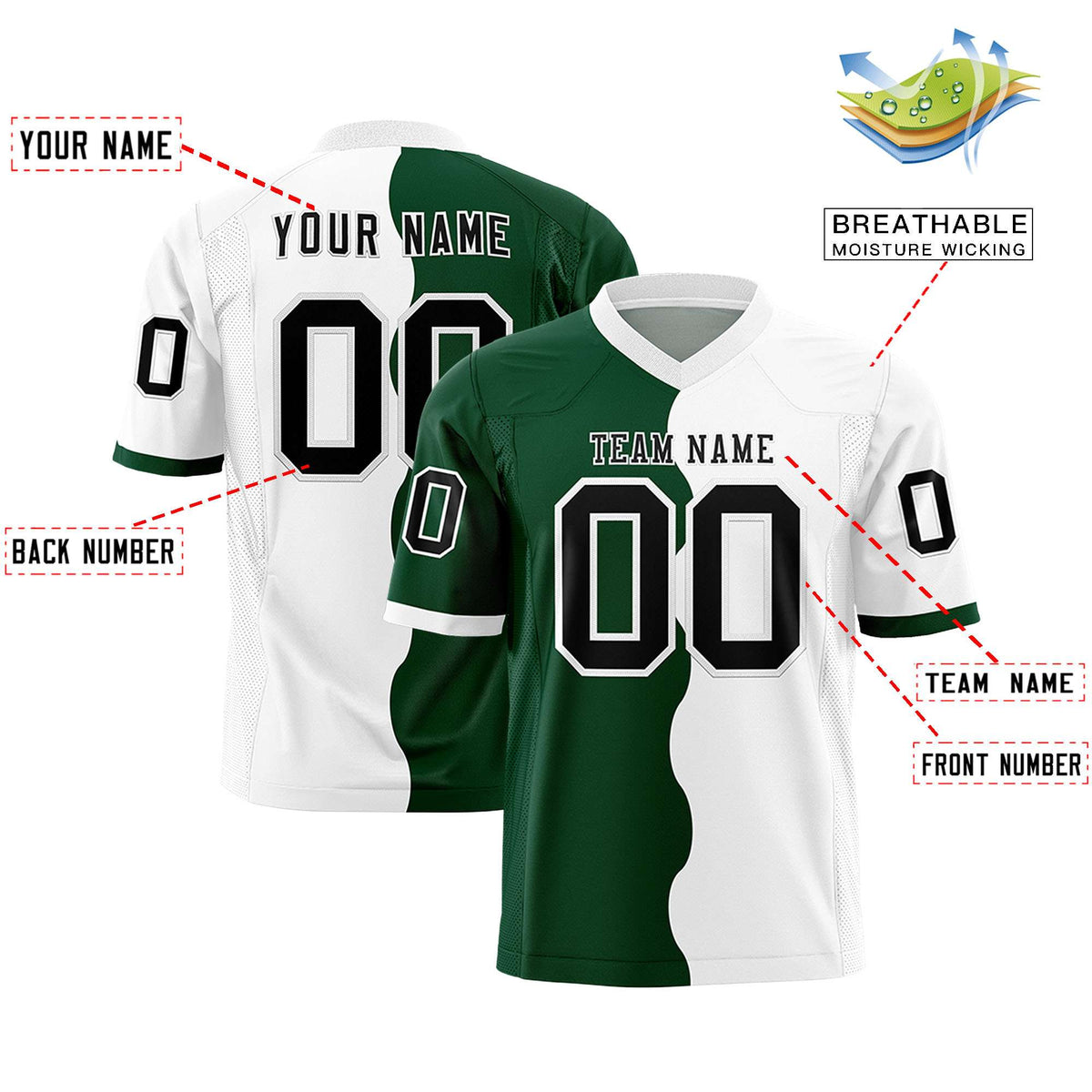 Custom White Green Split Fashion Mesh Authentic American Football Jersey