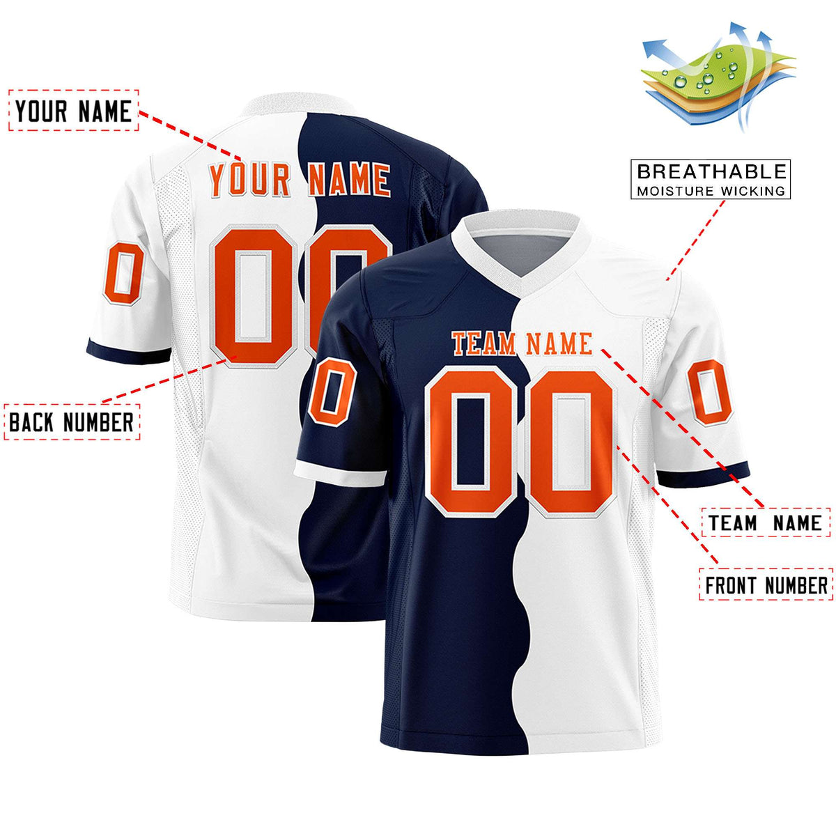 Custom White Navy Split Fashion Mesh Authentic American Football Jersey
