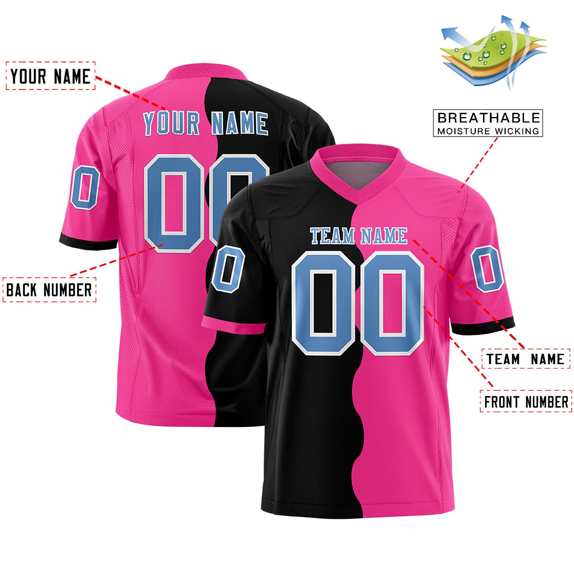 Custom Pink Black Split Fashion Mesh Authentic American Football Jersey