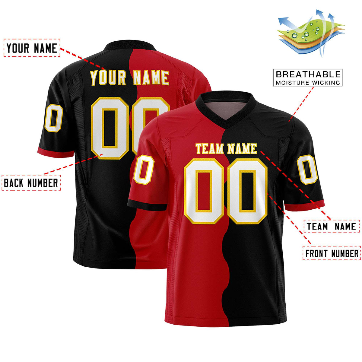 Custom Black Red Split Fashion Mesh Authentic American Football Jersey