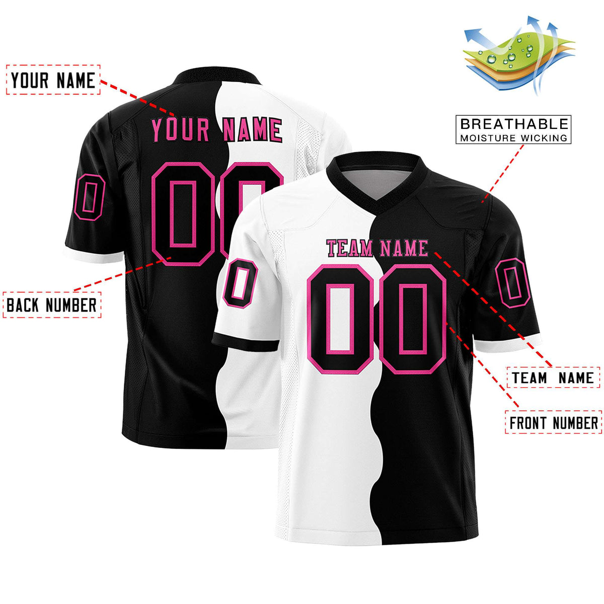 Custom Black White Split Fashion Mesh Authentic American Football Jersey