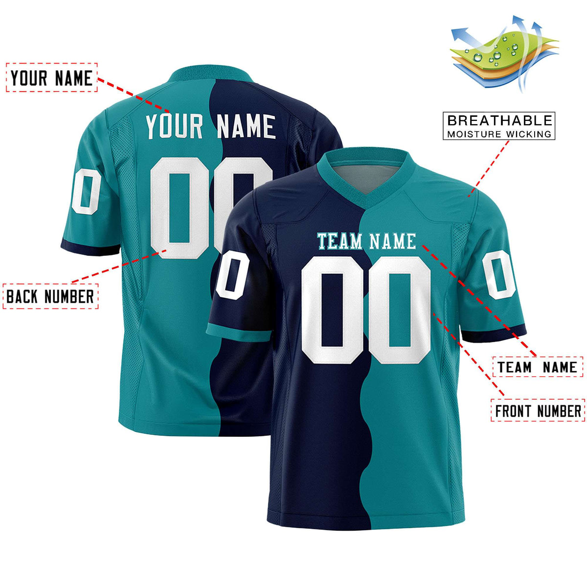 Custom Aqua Navy Split Fashion Mesh Authentic American Football Jersey
