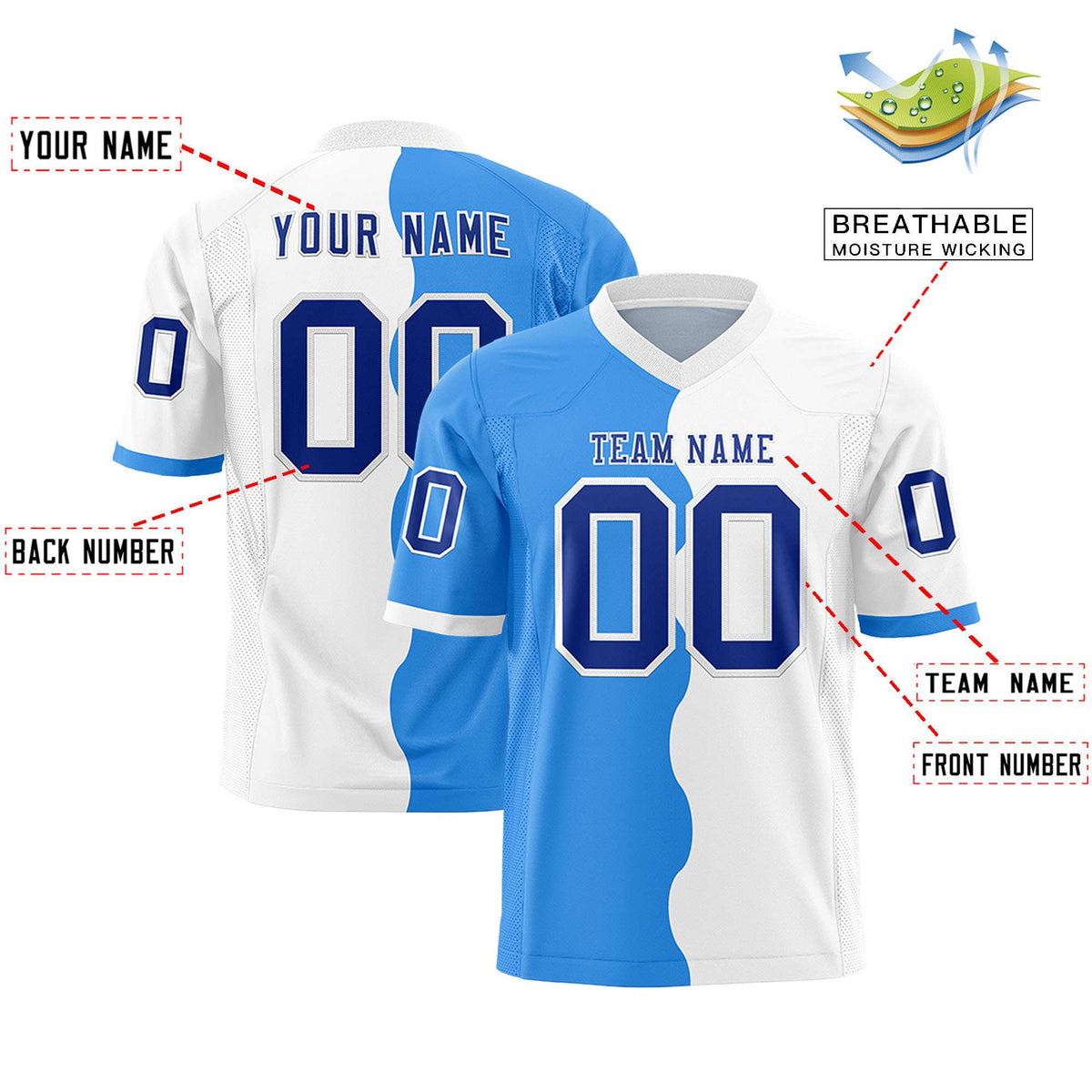 Custom White Powder Blue Split Fashion Mesh Authentic American Football Jersey