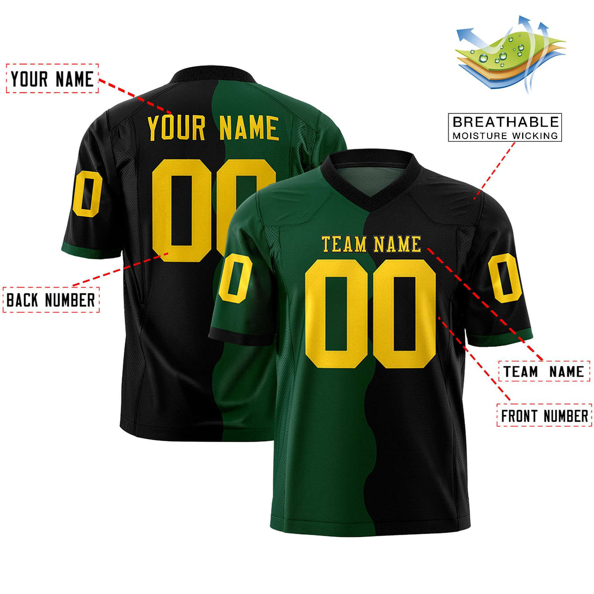 Custom Black Green Split Fashion Mesh Authentic American Football Jersey