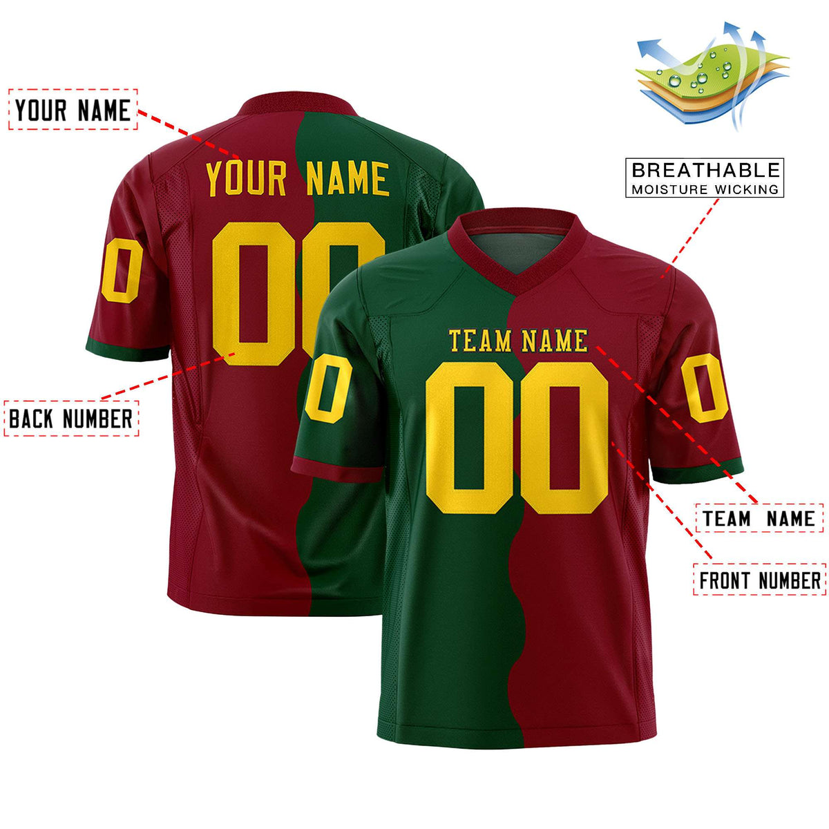 Custom Crimson Green Split Fashion Mesh Authentic American Football Jersey