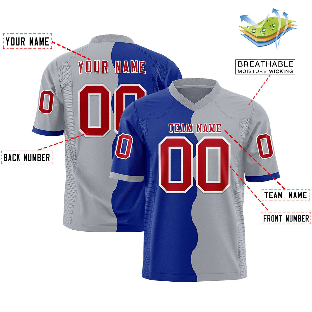 Custom Gray Royal Split Fashion Mesh Authentic American Football Jersey