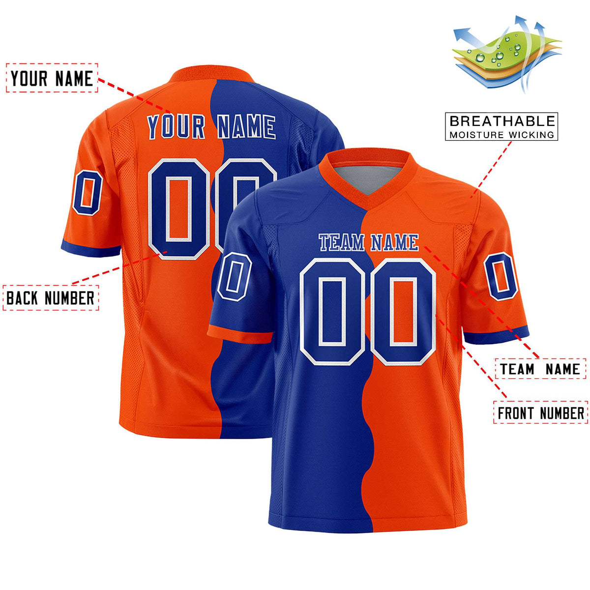 Custom Orange Royal Split Fashion Mesh Authentic American Football Jersey