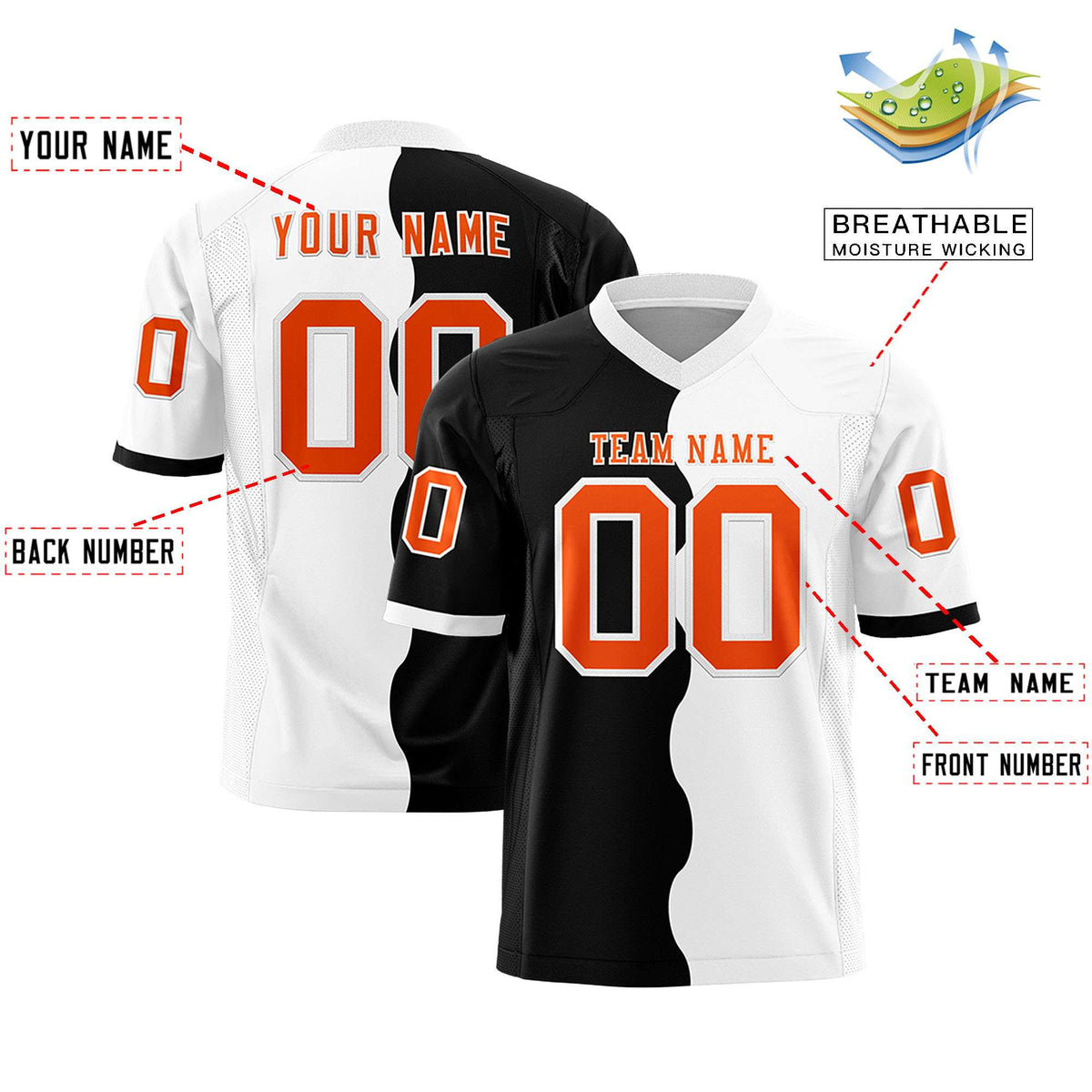 Custom White Black Split Fashion Mesh Authentic American Football Jersey