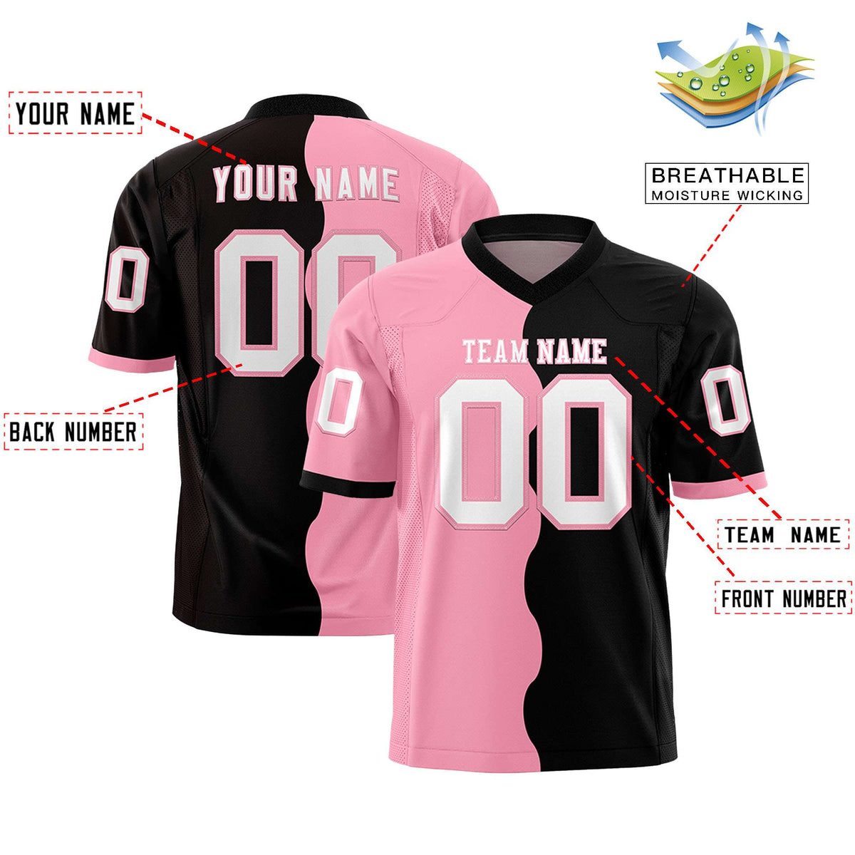 Custom Black Light Pink Split Fashion Mesh Authentic American Football Jersey
