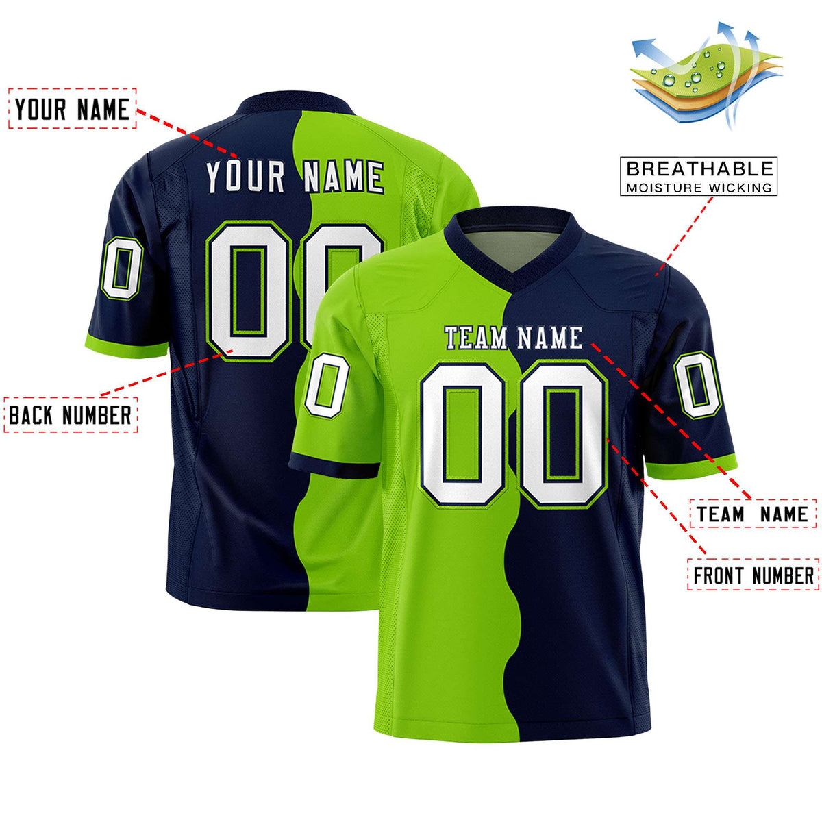 Custom Navy Neon Green Split Fashion Mesh Authentic American Football Jersey