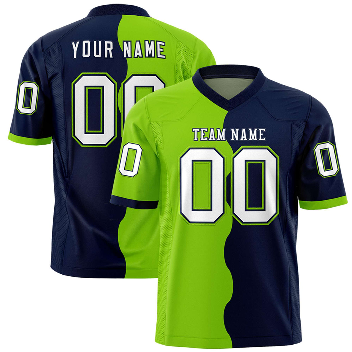 Custom Navy Neon Green Split Fashion Mesh Authentic American Football Jersey