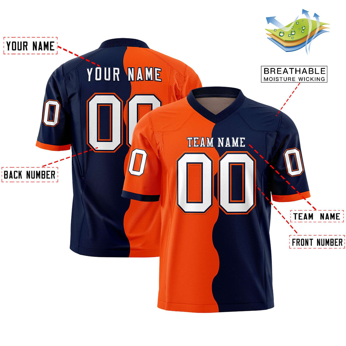 Custom Navy Orange Split Fashion Mesh Authentic American Football Jersey