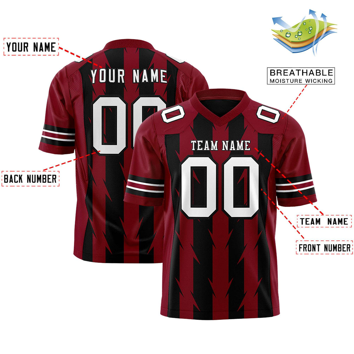 Custom Black Crimson Personalized Razr Stripe Graffiti Pattern Authentic American Football Jersey