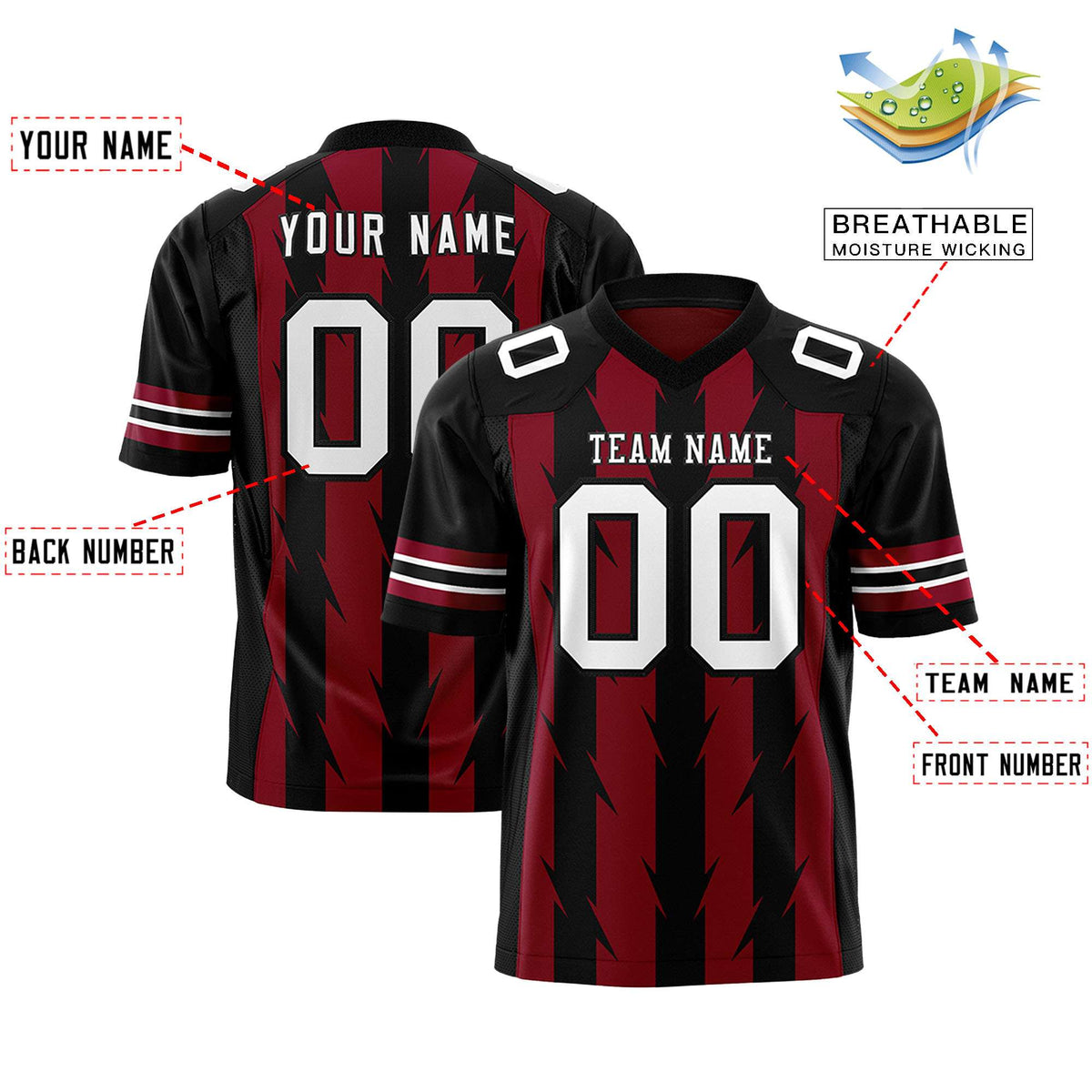 Custom Crimson Black Personalized Razr Stripe Graffiti Pattern Authentic American Football Jersey