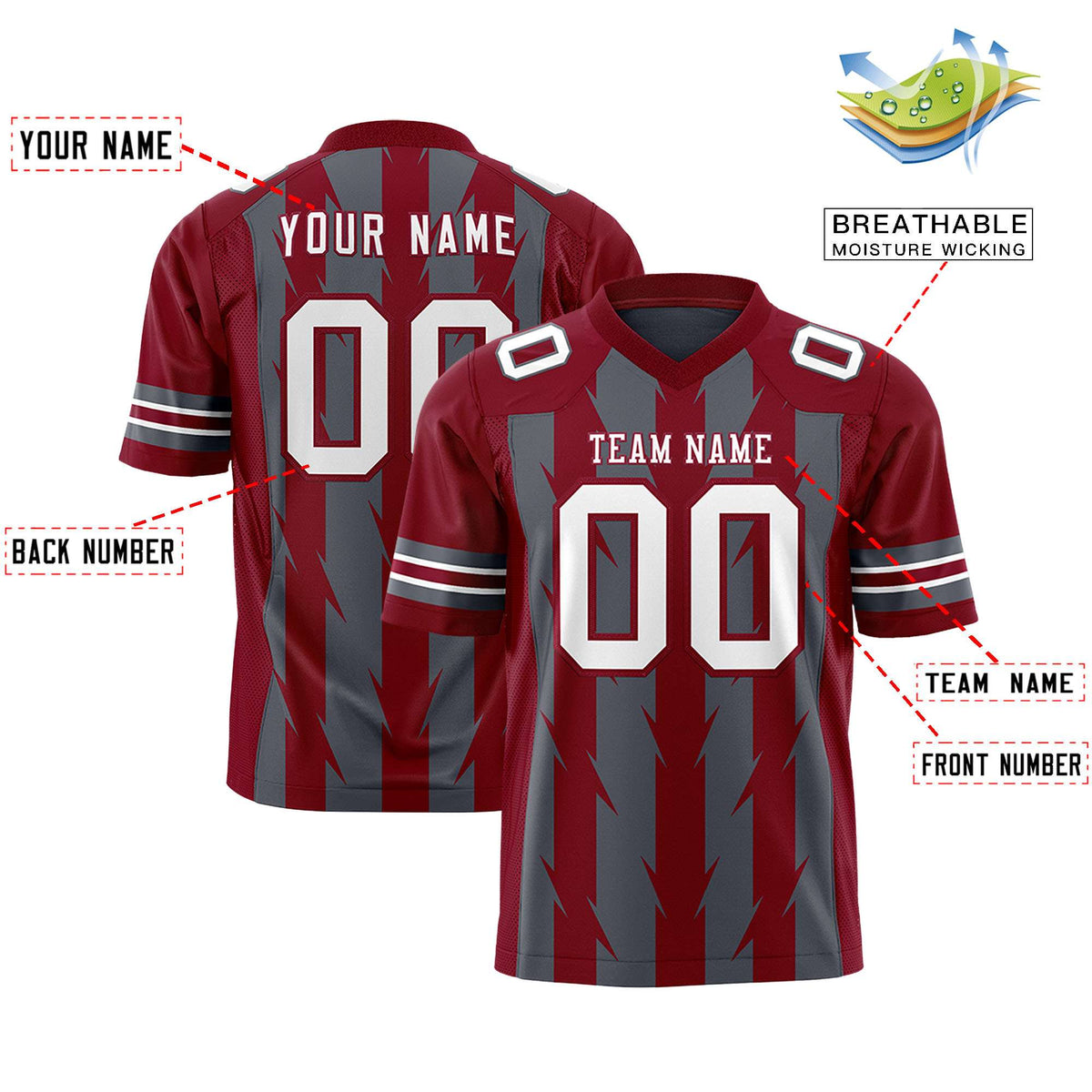 Custom Dark Gray Crimson Personalized Razr Stripe Graffiti Pattern Authentic American Football Jersey