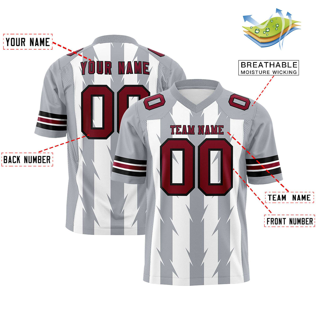 Custom White Gray Personalized Razr Stripe Graffiti Pattern Authentic American Football Jersey