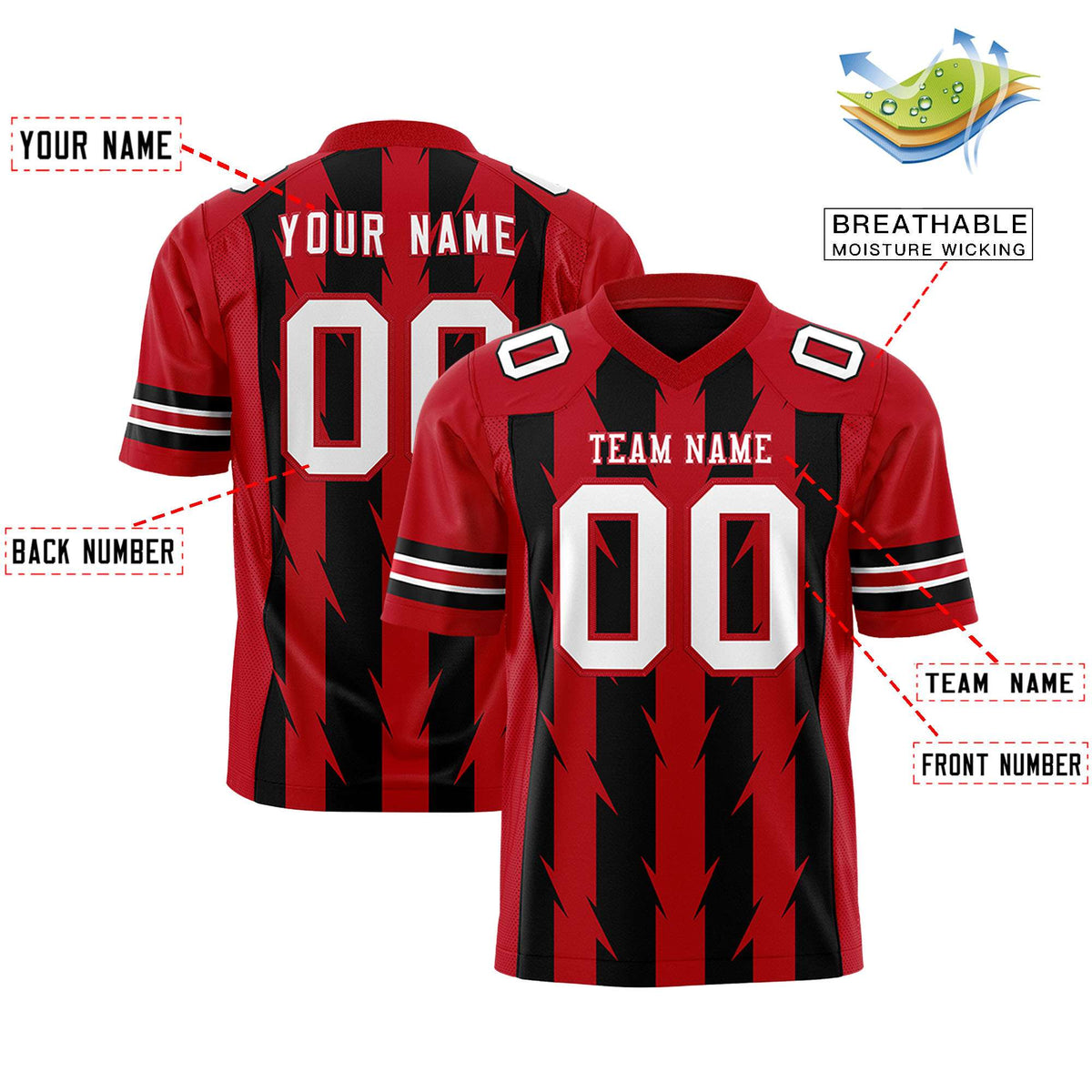 Custom Black Red Personalized Razr Stripe Graffiti Pattern Authentic American Football Jersey
