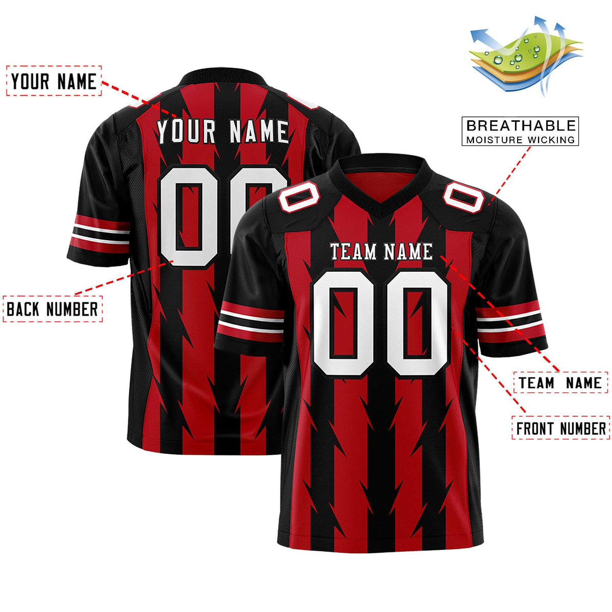 Custom Red Black Personalized Razr Stripe Graffiti Pattern Authentic American Football Jersey