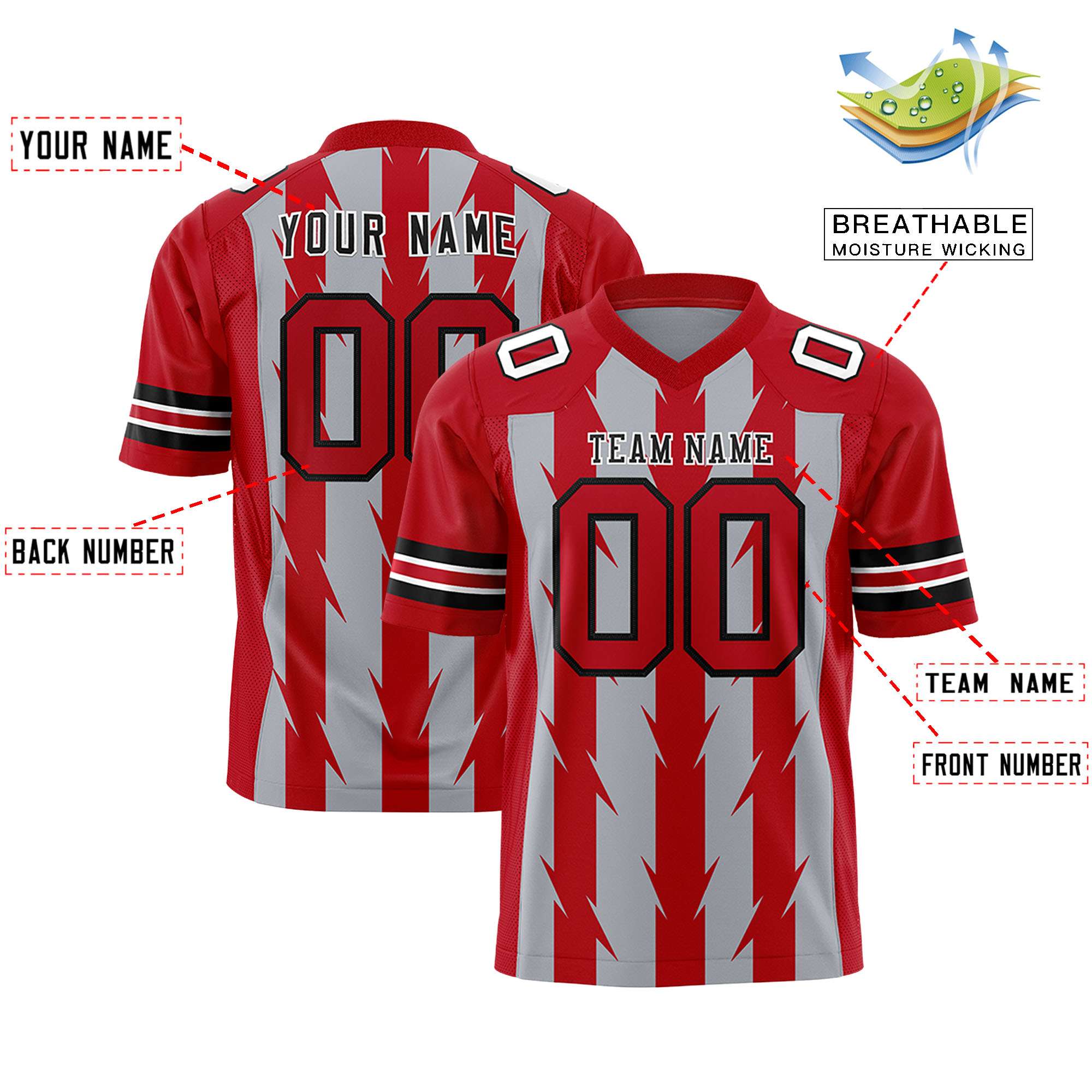 Custom Gray Red Personalized Razr Stripe Graffiti Pattern Authentic American Football Jersey