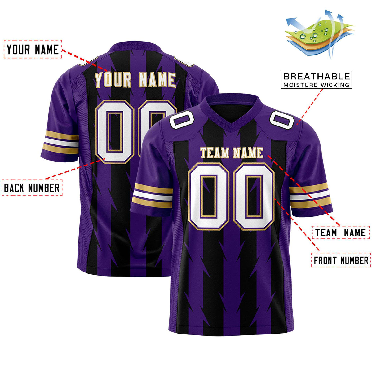 Custom Black Purple Personalized Razr Stripe Graffiti Pattern Authentic American Football Jersey