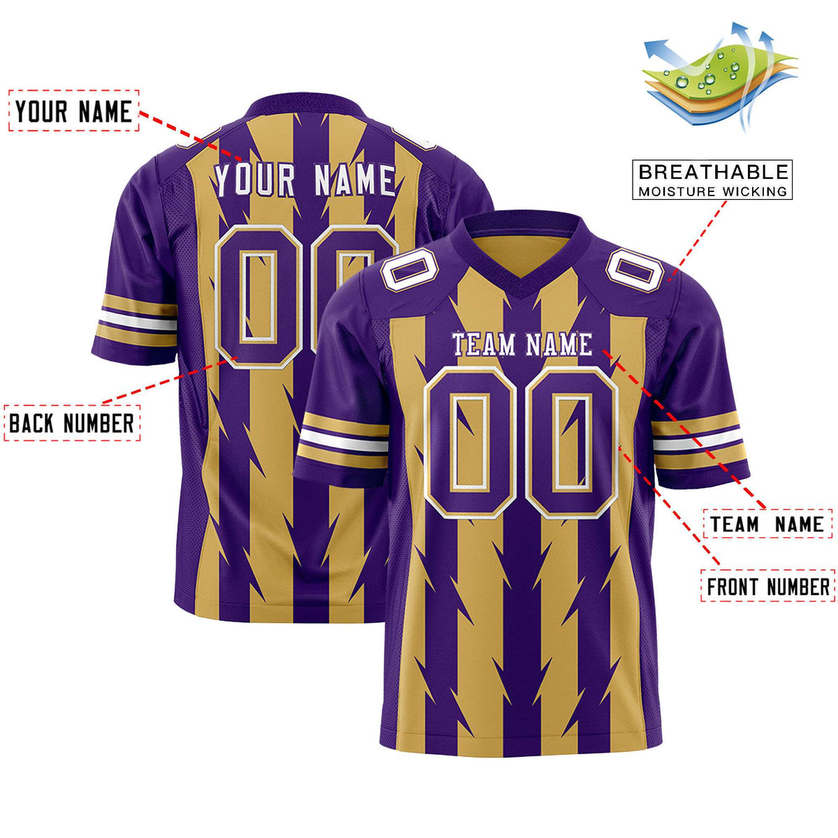 Custom Old Gold Purple Personalized Razr Stripe Graffiti Pattern Authentic American Football Jersey