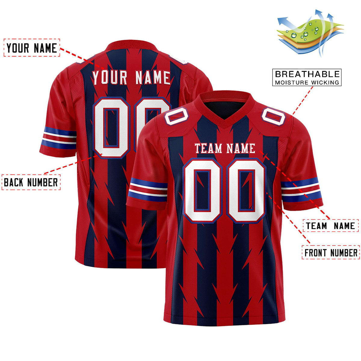 Custom Navy Red Personalized Razr Stripe Graffiti Pattern Authentic American Football Jersey