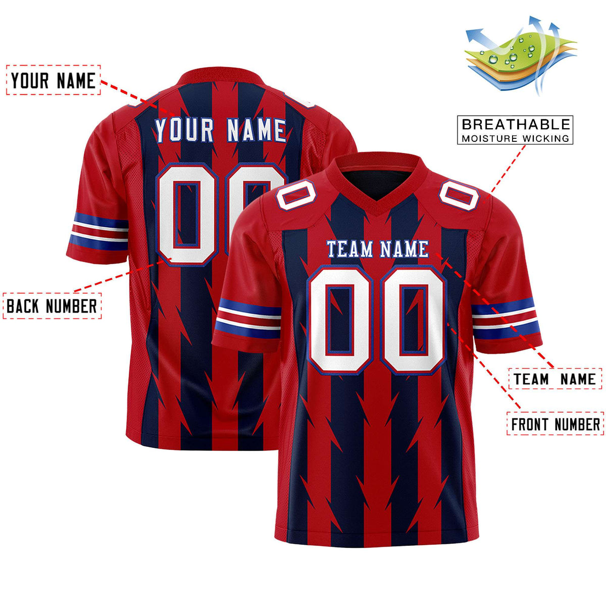 Custom Navy Red Personalized Razr Stripe Graffiti Pattern Authentic American Football Jersey
