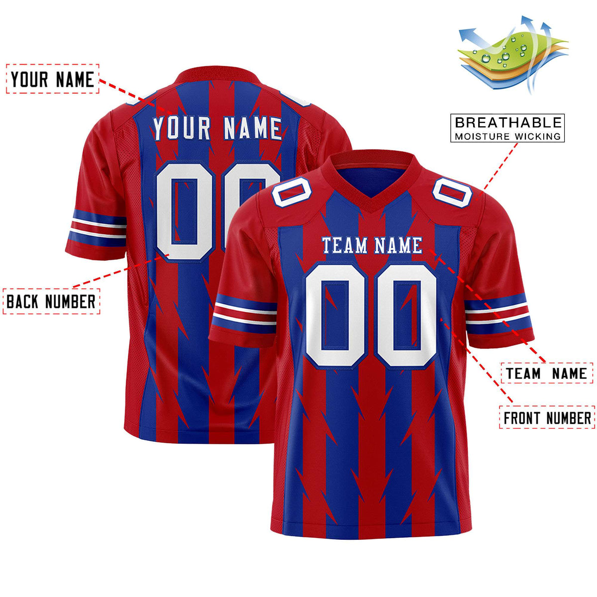 Custom Royal Red Personalized Razr Stripe Graffiti Pattern Authentic American Football Jersey