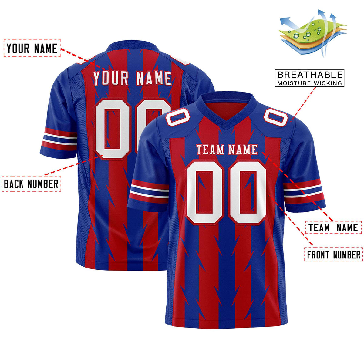 Custom Red Royal Personalized Razr Stripe Graffiti Pattern Authentic American Football Jersey