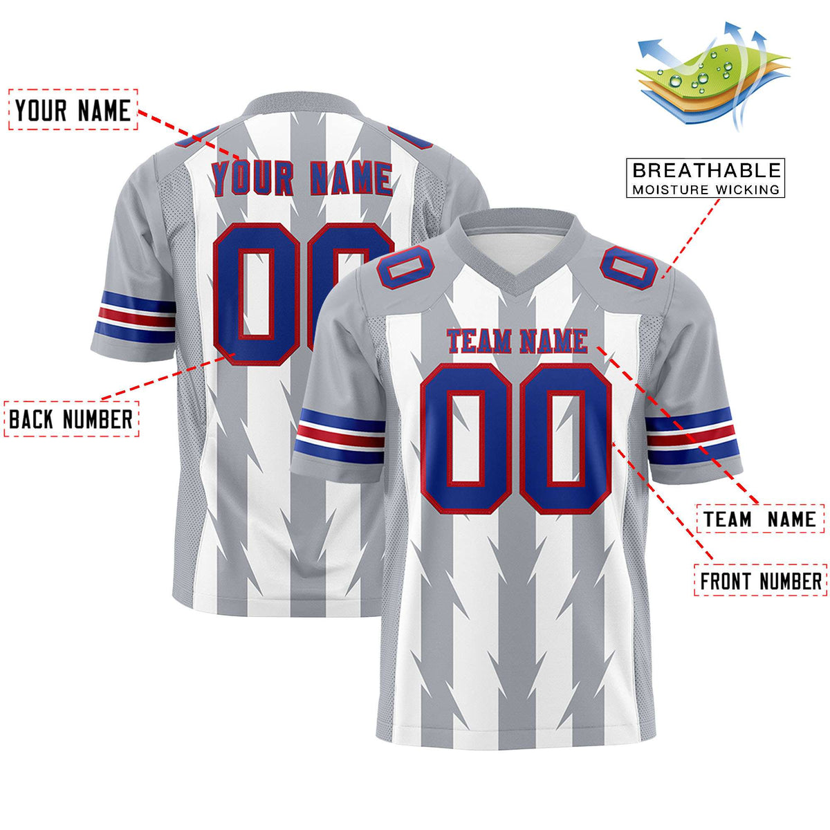 Custom White Gray Personalized Razr Stripe Graffiti Pattern Authentic American Football Jersey