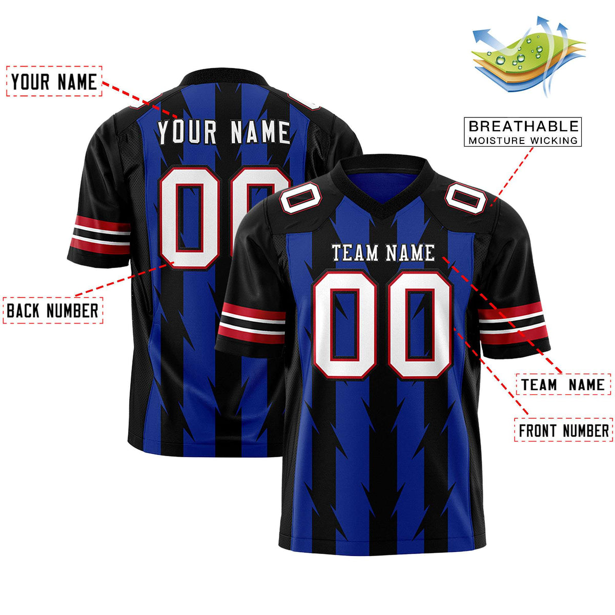Custom Royal Black Personalized Razr Stripe Graffiti Pattern Authentic American Football Jersey